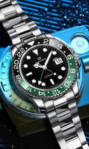 HAMAYOTA 腕時計 GMT メンズ 自動巻き ブラック文字盤 スプリト(緑/黒